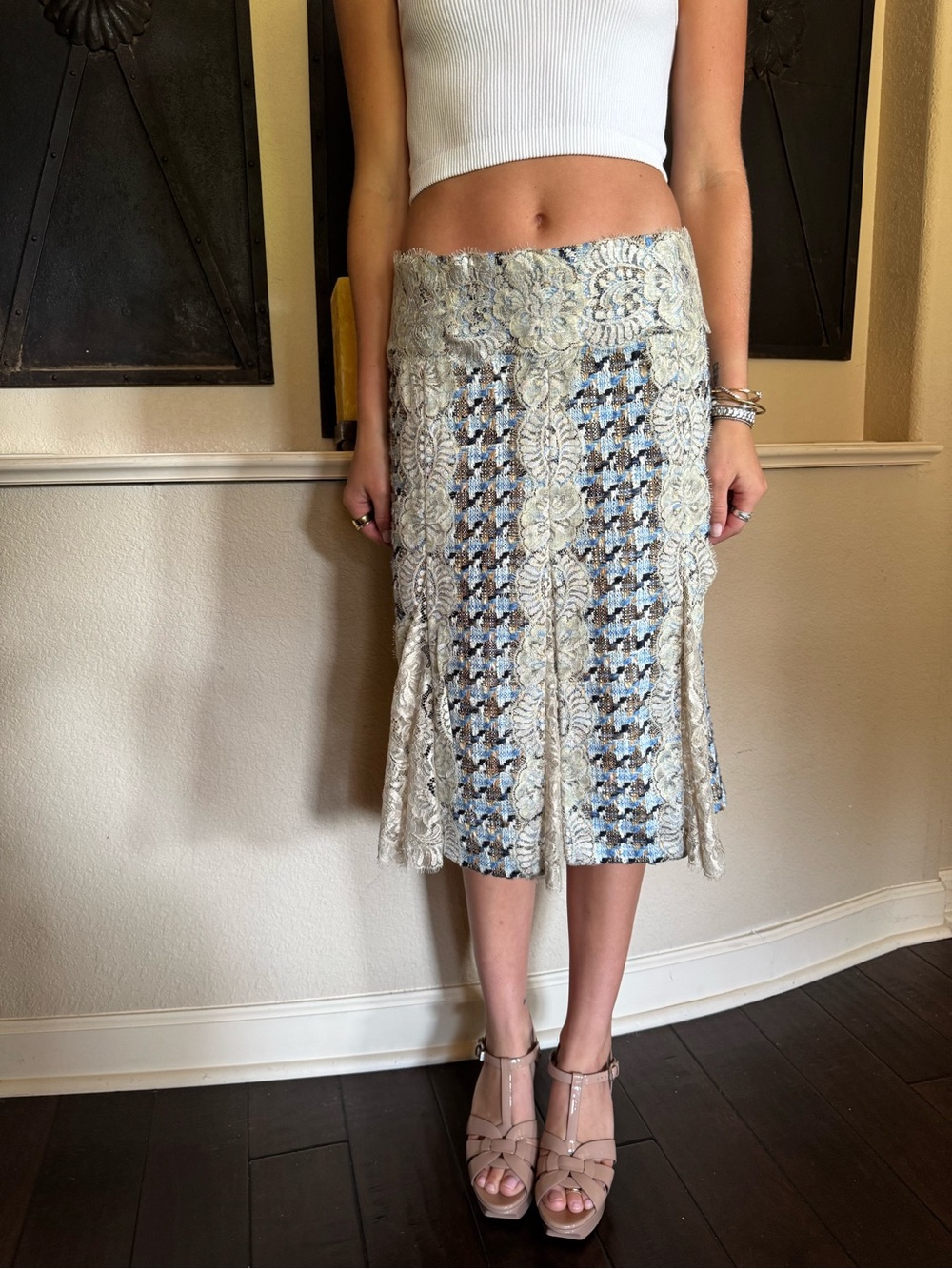 NWT Dolce & Gabbana Blue and Cream Tweed Taupe Floral Lace A-Line Skirt